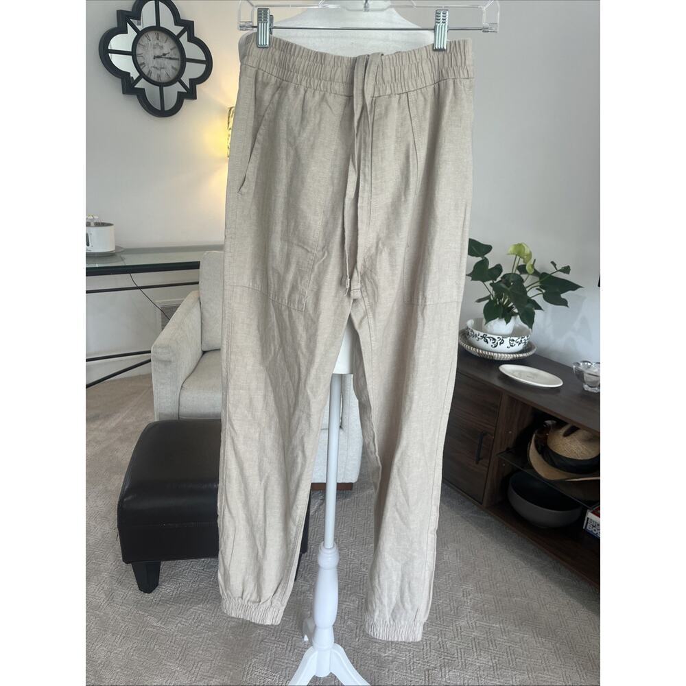 Women Linen Blend Joggers Pull On Pants Beige Coastal Beach Pockets New $50
